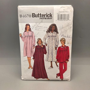 May include: A vintage Butterick sewing pattern, B4670, featuring illustrations of women's sleepwear. The pattern includes designs for nightgowns and pajamas in various styles and fabrics. The package is white with text and handwritten notes.