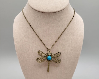 Dragonfly Pendant Necklace Blue Stone Rhinestone Eyes Bronze Chain 26 Inch