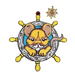 May include: Embroidered patch featuring a cartoon mouse inside a ship's wheel. The mouse is yellow and brown, with a long tail. The wheel is white and yellow, with a blue background. A small pin with the mouse is also included.