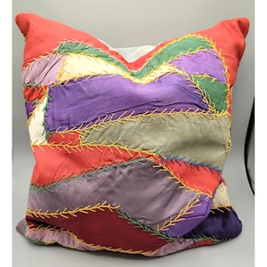Vintage Crazy Quilt Pillow Satin Silk Multicolor Fabric Square 15 x 15