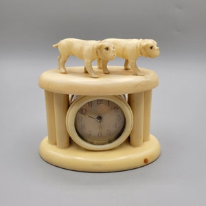 1930 Celluloid French Ivory Mantel Clock Staffordshire Bull Terriers NEEDS REPAIR