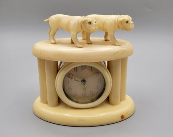 1930 Celluloid French Ivory Mantel Clock Staffordshire Bull Terriers NEEDS REPAIR