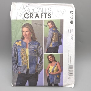 May include: McCall's Crafts sewing pattern M4798 for a patchwork jacket and bag. The envelope features images of a blue and yellow quilted jacket with floral and gingham patterns, and a matching shoulder bag. Text includes M4798 and Size OSZ.