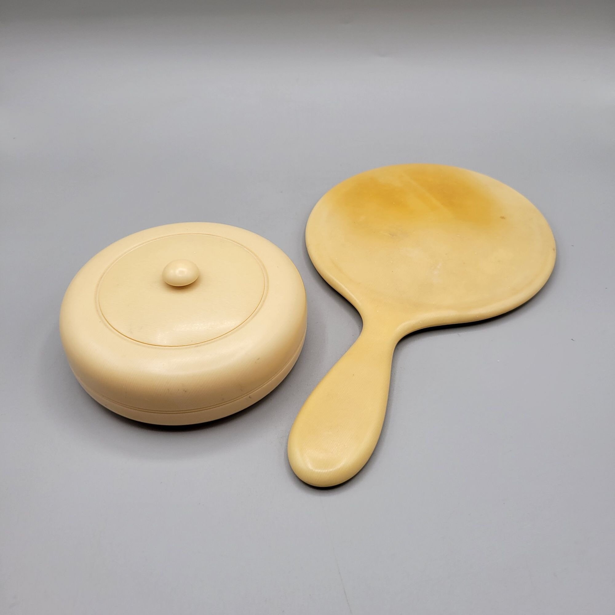French Ivory Celluloid Beveled Hand Mirror and Powder Jar Vanity
