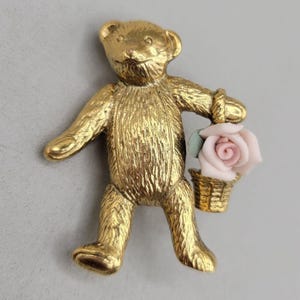 Gold Tone Teddy Bear Brooch With Porcelain Rose Basket Detail