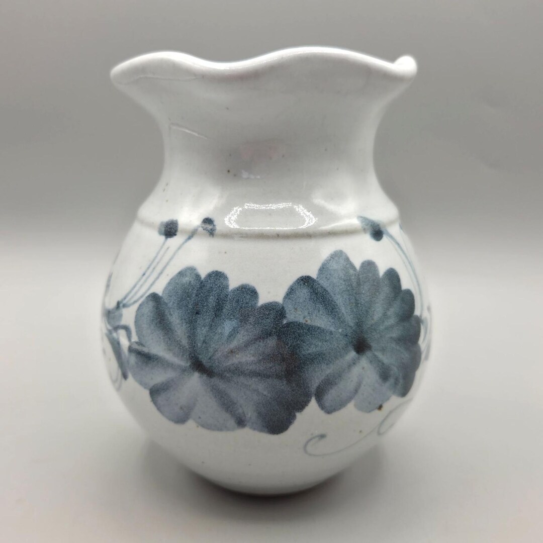 Studio Pottery Vase Blue Floral Hand Painted Artist Signed Base ...