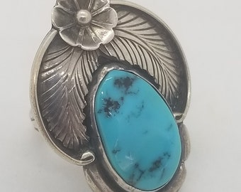 Sterling Silver and Turquoise Stone Navajo Inspired Ring Feathers Flower