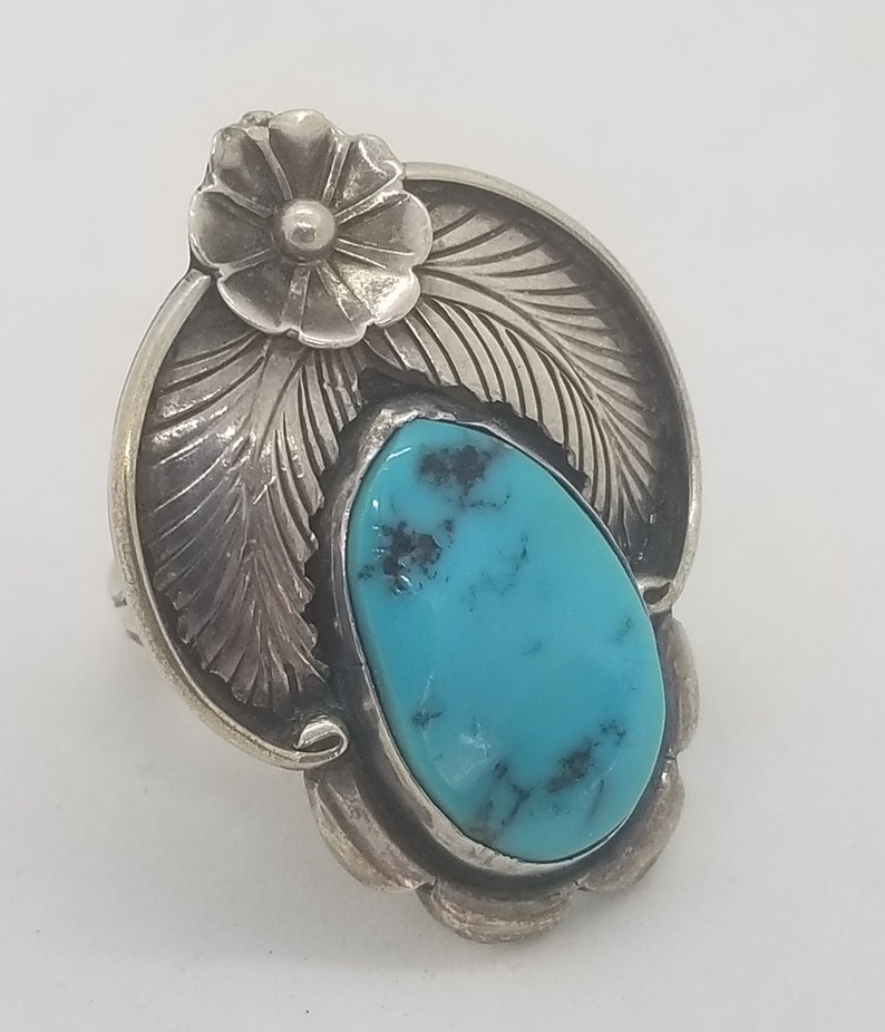 Sterling Silver and Turquoise Stone Navajo Inspired Ring Feathers Flower