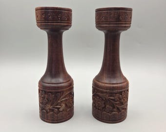 Hand-Carved Wooden Candle Holders With Floral Detailing Set of 2