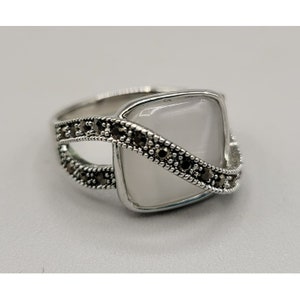 Moonstone Marcasite Bypass Band Ring 18K White Gold RGP Size 8.5 Women&#39;s Ladies Ring