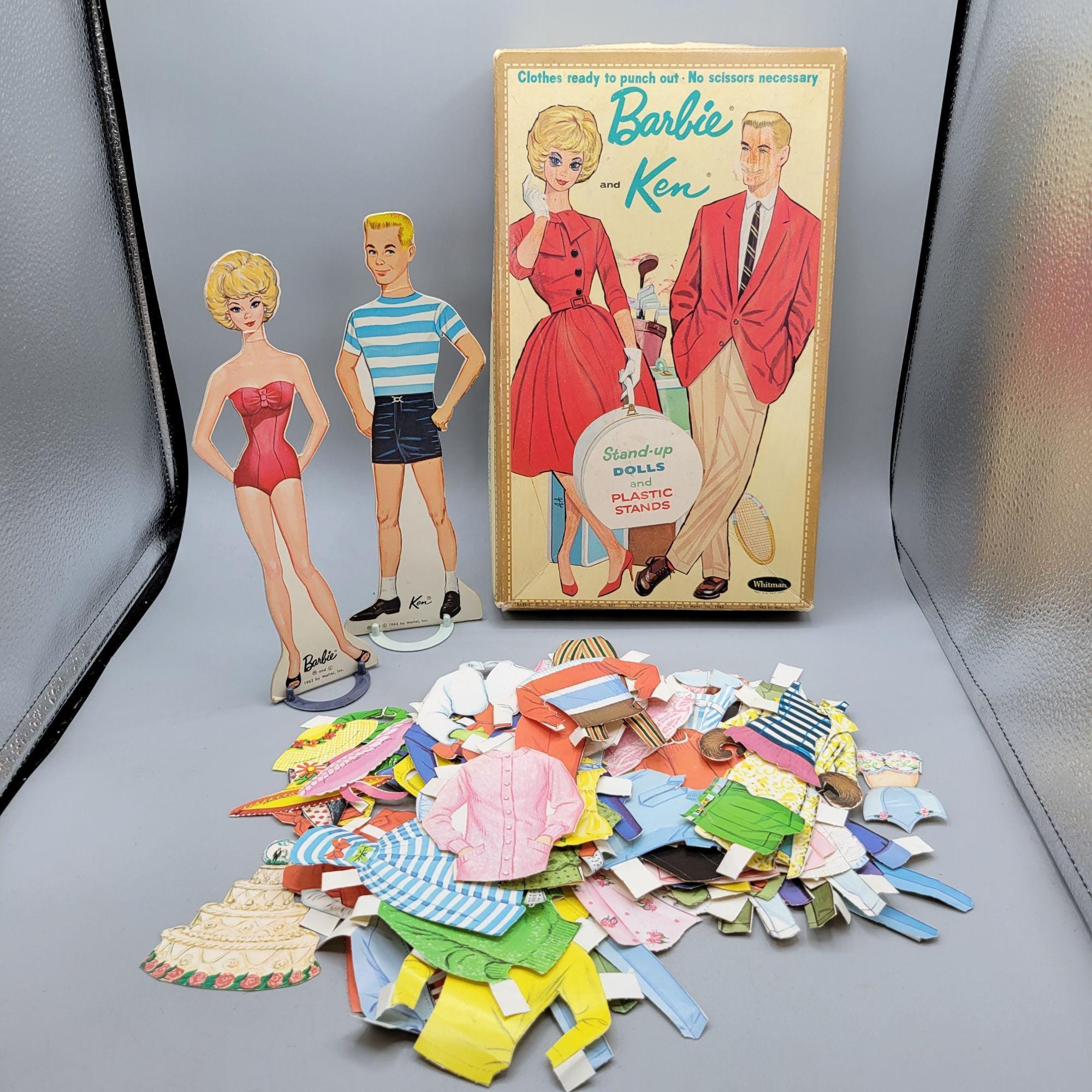 1963 Barbie Ken Stand-up Paper Dolls Plastic Stands Clothes