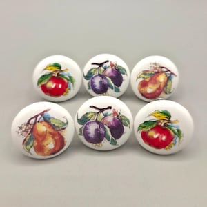 Peut inclure: Un ensemble de six boutons de placard ronds en céramique blanche, chacun orné d'une illustration à l'aquarelle de fruits. Les motifs incluent des pommes rouges, des prunes violettes et des poires jaunes, avec des feuilles et des fleurs.