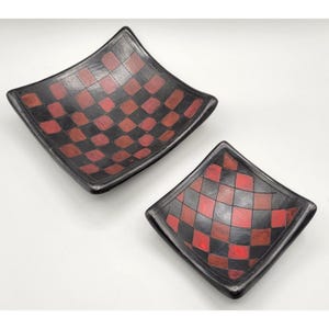 Art Pottery Checkerboard Pattern Bowls Red Black Matte Finish Set of Two