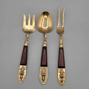 Siam Rosewood and Brass Serving Utensils Twist Handle Three Pieces