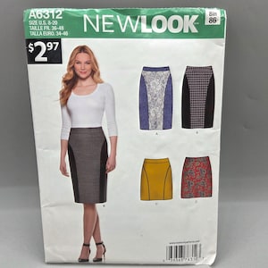 May include: A New Look sewing pattern for skirts, size U.S. 8-20. The package features a woman wearing a pencil skirt and illustrations of other skirt designs. The price is $2.97.