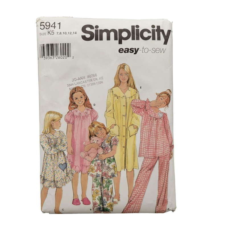 Simplicity Pattern Children Girls Nightgown Pajamas 5941 Easy Size K5 7-14 UNCUT image 1