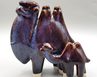 Two Hump Camels Mama and Baby Lava Drip Glaze Studio Art Pottery Blue Purple