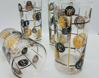 Mid-Century Modern Black Gold Old World Coin Barware Highball Glasses Set of 4