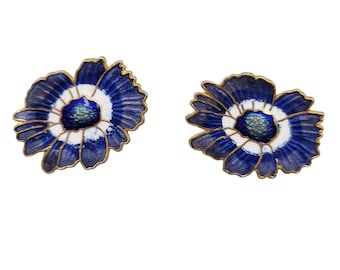 Vintage Enamel Cloisonne Blue & White Flower Post Earrings