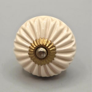 Large Cream Ceramic Knob With Brass Accents For Cabinets Drawers 2 Inch