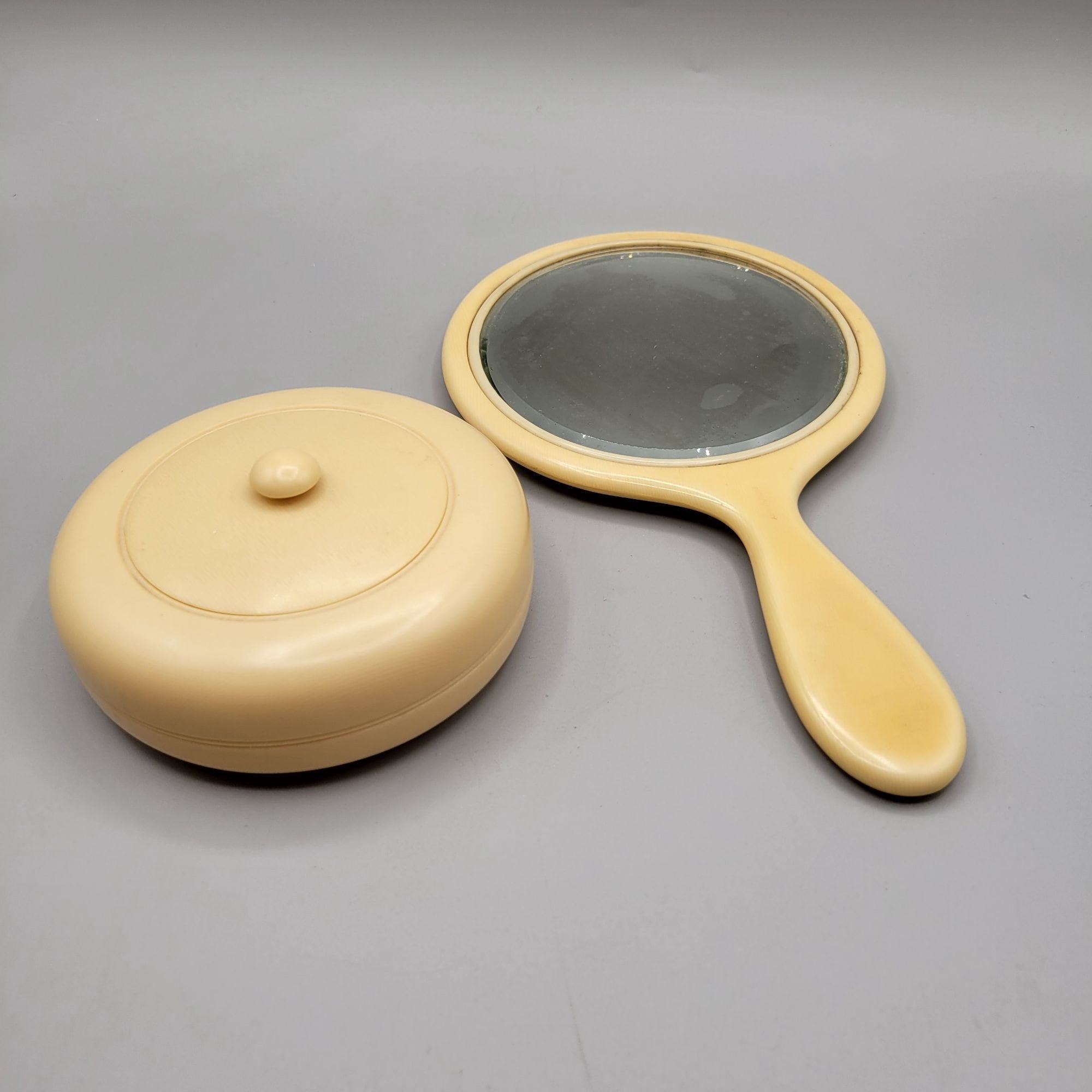 FrancfrancREFLET HANDY MIRROR LIGHT2色set French Ivory Celluloid Beveled Hand Mirror and Powder Jar Vanity