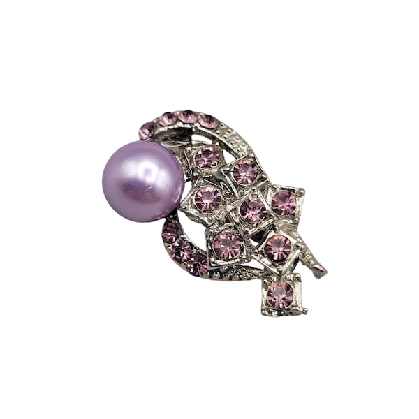 Purple Simulated Pearl Brooch Faceted Rhinestones Silver Tone Setting