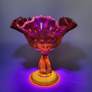 Fenton Amberina Glass Pedestal Bowl Thumbprint Ruffled Edge 6 Inch