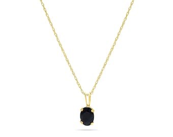 14k Yellow Gold Necklace,, Oval Dark Blue Sapphire Solitaire, For Women Birthstone of September, 18 Inch Chain
