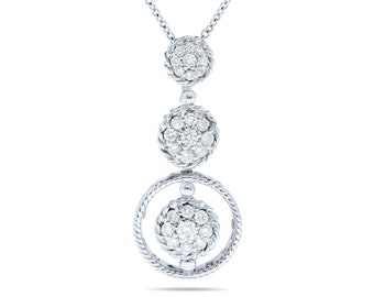 2/3 Carat Diamond Round Cluster Halo Three Stone  For Women in 14k White Gold Necklace,, , 18 Inch Chain