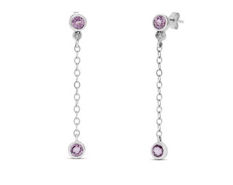 14k White Gold Earrings, Pink Sapphire Gemstone and Diamond Dangle Earrings. , Women's Earrings