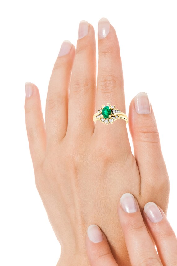 18k Yellow Gold Ring, Oval Emerald and Diamond By… - image 2