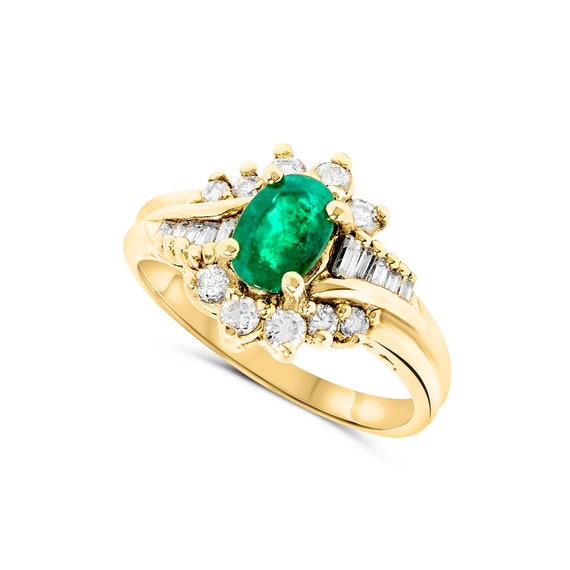 18k Yellow Gold Ring, Oval Emerald and Diamond By… - image 1