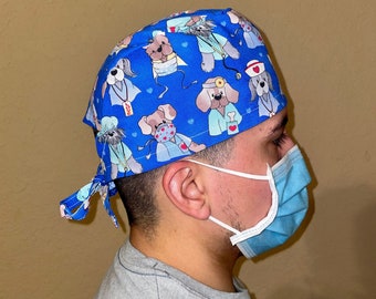 Mens Surgical Scrub Caps| Vet Scrub Hat| Chemo Cap Dogs| Skull Cap for Men| Cute Nurse Bonnet Puppies| Gift for Vet| Scrub Cap Dog Lovers