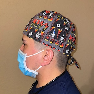 Mens KISS Band Surgical Scrub Hat/Skull Cap KISS Rock Band for Nurse, Doctor, Dentist/Chemo Cap Kiss Band/Kiss Bonnet for Food Service, OR