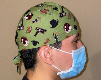 Mens Halloween Surgical Scrub Cap| Nightmare on Elm Street Scrub Hat for Men| Freddy Krueger Skull Cap| Tie back Horror Bonnet for Nurse|