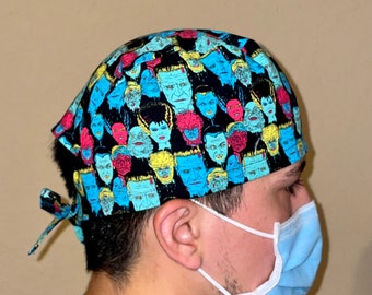 Mens Horror Surgical Scrub Cap| Halloween Scrub Hat for Nurse| Scary Skull Cap for Men| Frakenstein Chemo Cap| Classic Movie Monsters Bonnet