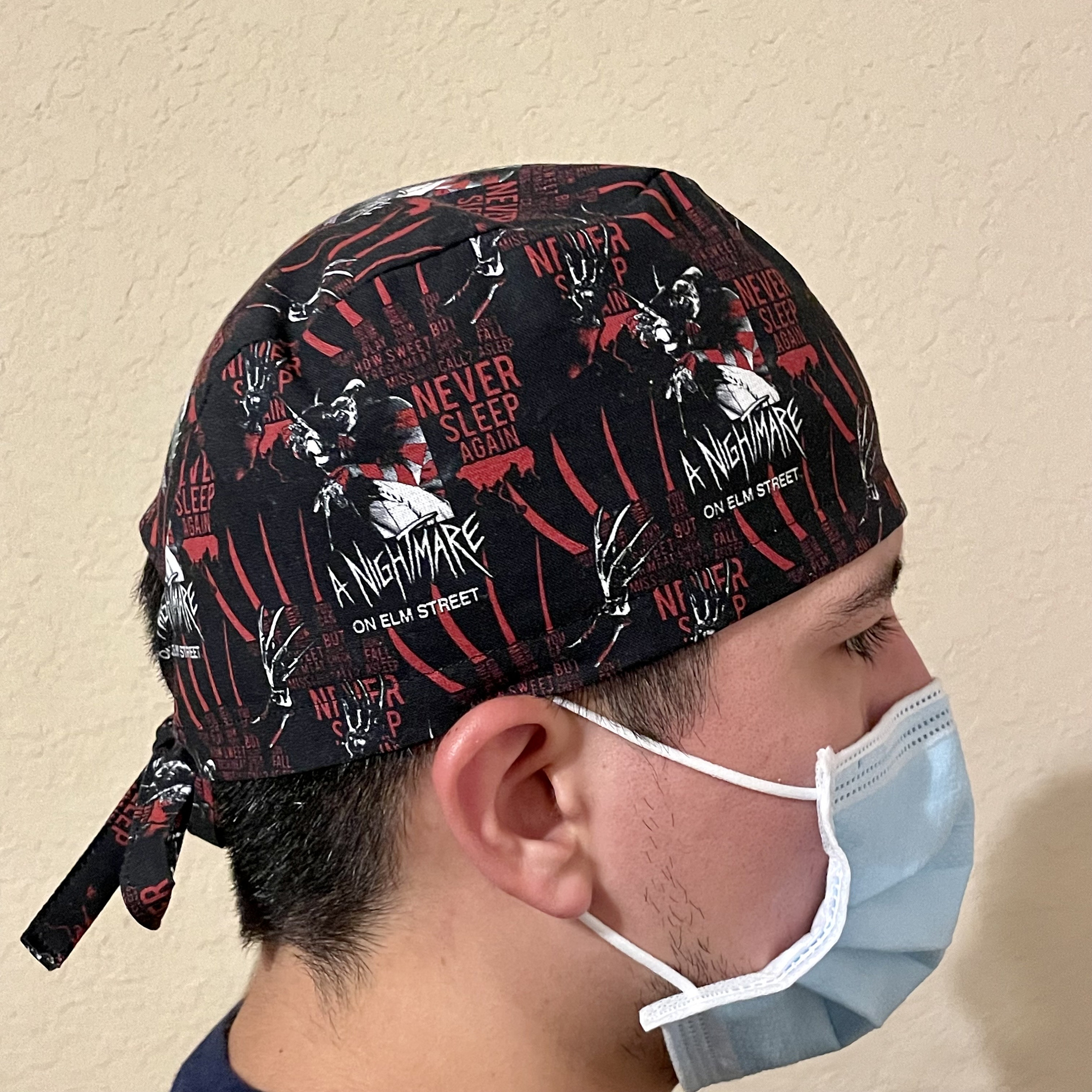 Mens Halloween Surgical Scrub Caps| Nightmare on Elm Street Scrub Hat for Men| Freddy Krueger Chemo Cap| Horror Scrub Cap for Nurse, Tieback