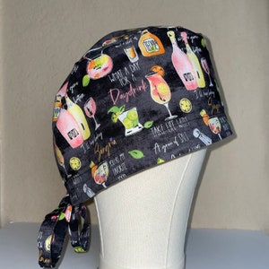 Cocktails Scrub Cap Women| Black Scrub Hat with Drinks, Tequila, Sangria| Happy Hour Drinks Medical Bonnet| Cute Scrub Cap, Nurse Gift