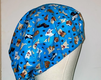 Adjustable Womens Scrub Cap: Bouffant Style| Dog Print Hair Bonnet| Gift for Vet, Nurse
