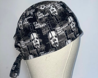 Mens Halloween Surgical Scrub Cap| Horror Scrub Hat for Men| Michael Myers Skull Cap| Scary Tie Back Bonnet for Nurse| Boogeyman Scrub Cap