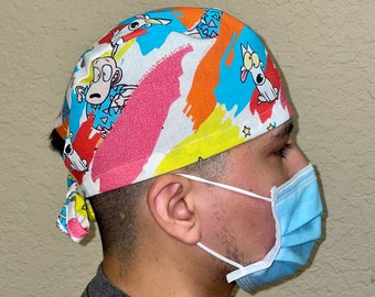 Chirurgische Kappe für Herren, Rockos Modern Life| Cartoon Tie Back Hut für Krankenschwester | Nicktoons Nostalgische 90er Jahre Mütze aus Biobaumwolle Rocko Chemomütze