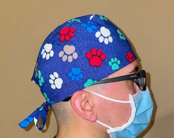 Mens Surgical Scrub Cap with Paw Prints| Scrub Caps for Vet| Dog Paws Nurse Bonnet| Medical Hat for Dog Lover| Gift for Vets| Blue Tie Back