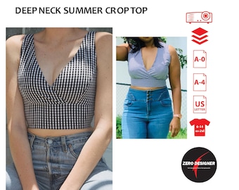 Deep Neck Summer Crop Top PDF Sewing Pattern for beginner sewing | sundress beach dress patterns