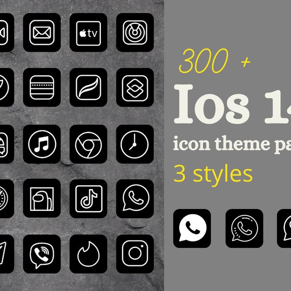 300 ios 14 app icons for iphone | icons Pack Download | White Icon Aesthetic Black Background | Home Screen Widget