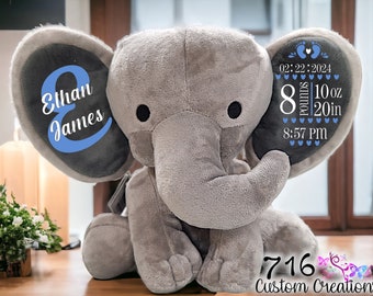 Birth Announcement, Newborn Gift, Baby Keepsake, Birth Stats, New Baby Gift, Newborn Present, Baby Shower Gift, Stuffed Elephant, New Child