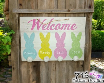 Personalized Easter Sign, Welcome Sign,  Easter Welcome Sign, Family Name Sign, Unique Easter Gift, Bunny Tail Welcome Sign, Rabbit Welcome