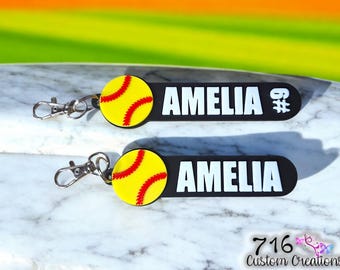 Personalized Softball Keychain, Custom Name Keyring, Softball Bag Tag, Team Gift, , Sport Coach Gift, Custom Sports Keychain, Bag Tags