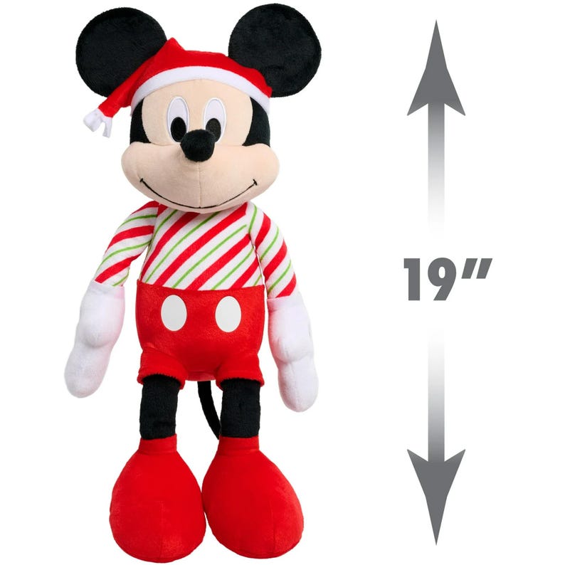 May include: A 19-inch plush Mickey Mouse toy wearing a red and white striped shirt and a Santa hat.
