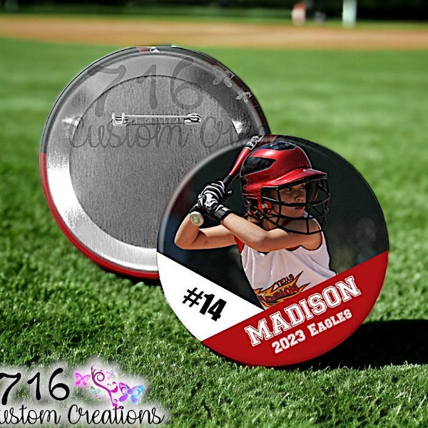 Custom Sport Photo Button, 3 inch Pin Back Button, Personalized Sport Photo Pin, Football, Softball, Baseball, Soccer, Hockey Photo Pin