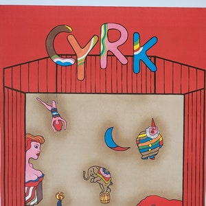 Póster original vintage polaco de circo. ¡Pista cuadrada! Arte de J. Rozycki, 1975